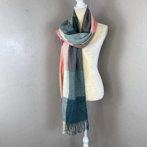 Unisex Multicolored Plaid Acrylic Fringe Scarf 70” x 24” Inches - Picture 6 of 16